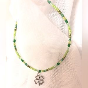 Hand beaded st Patrick’s day bracelet with shamrock charm
